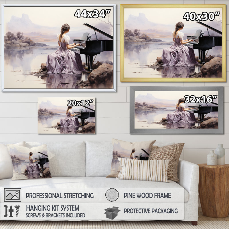 Gris, mauve, musique, harmonie mélodique - musique sur toile, H 24 po x l 32 po, Cadre flottant noir