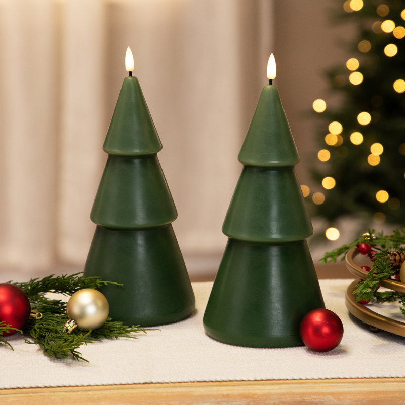 Bougies de cire d'arbre de Noël DEL sans flamme scintillantes à nervures - 6 "- vert - ensemble de 2, Vert