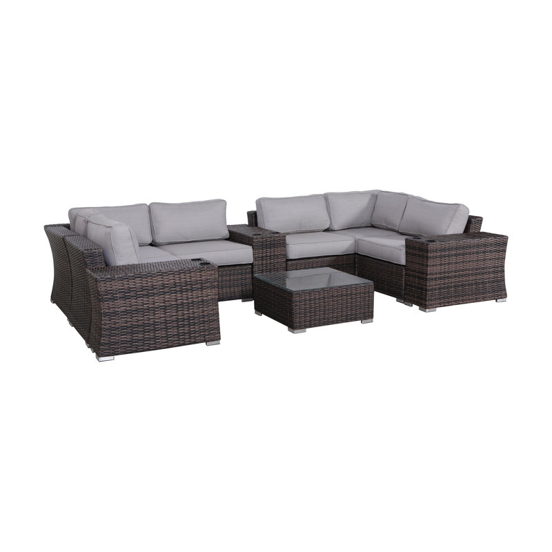 Ensemble de conversation modulaire avec coussins 10 pièces Saffi, Brun, Oléfine grise