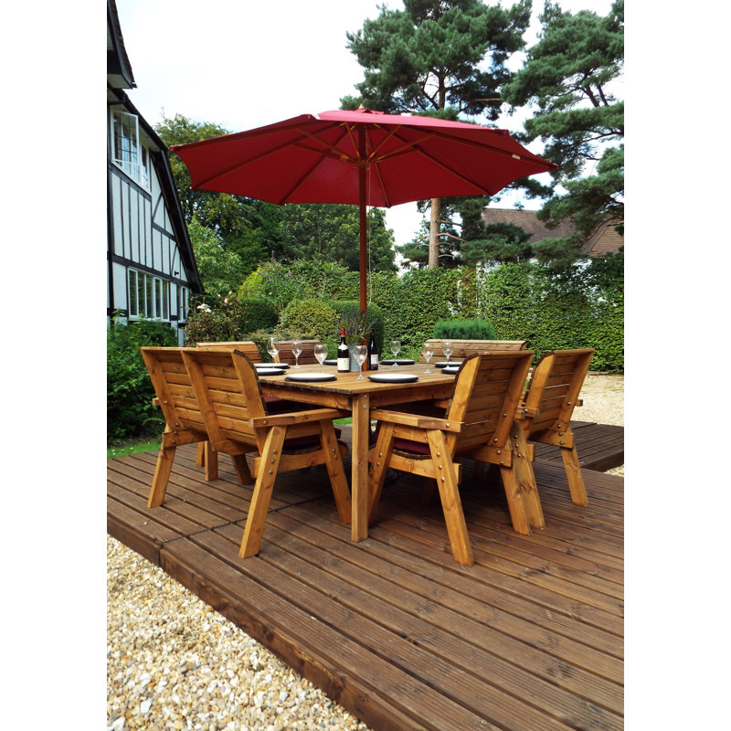Frazier 8 - Person Wood Patio Dining Set with Square Table , Cushions Included, Burgundy