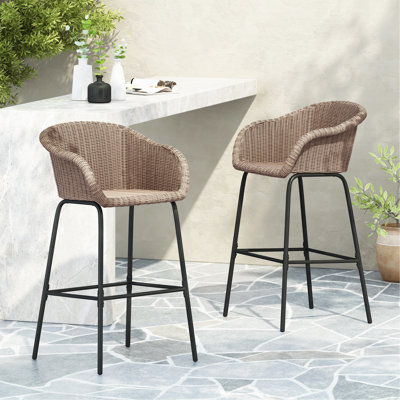 Tabouret de bar d'extérieur en métal et osier brun clair Ladd, ensemble de 2