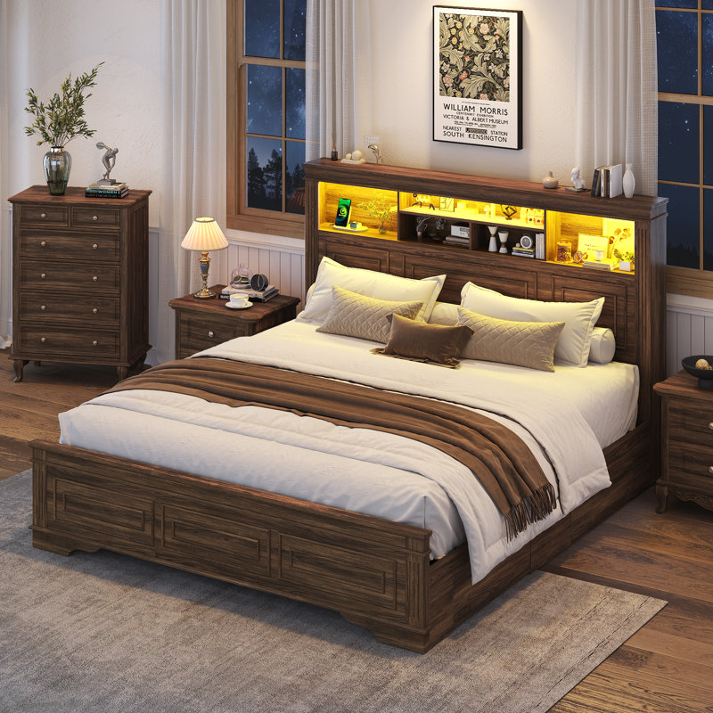 Farmhouse King Size Bed Frame With 51" Tall Storage Headboard & 4 Drawers, Wooden Bed Frame King Size with LED Light, Charging Station, No Spring Needed