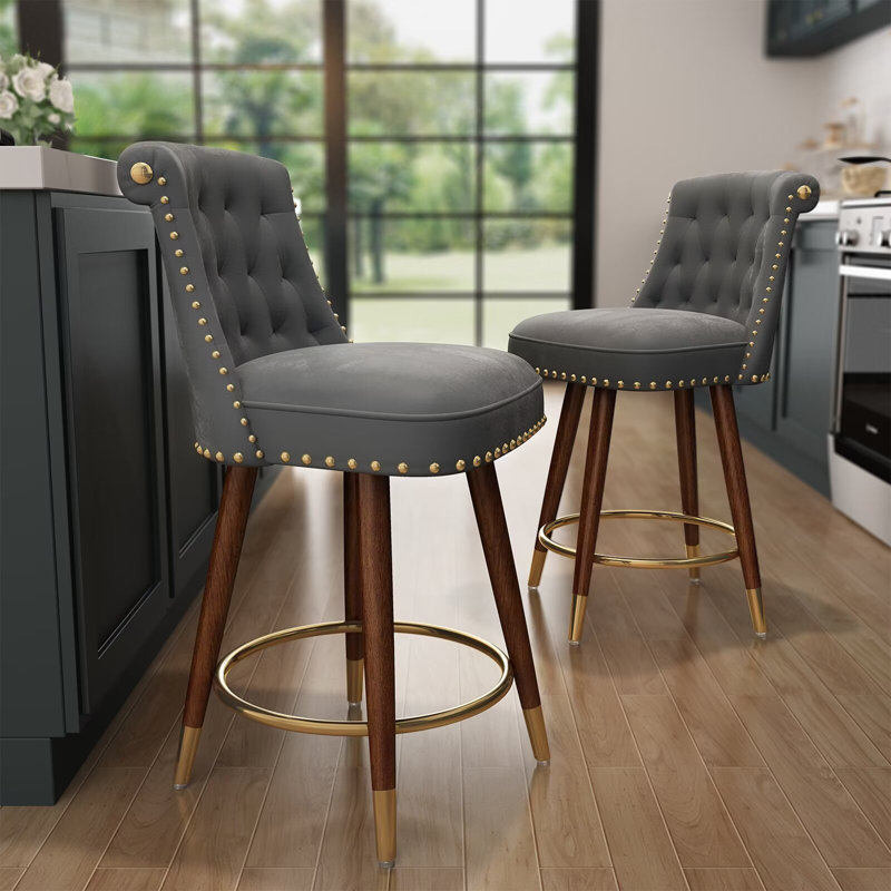 Gray Velvet Upholstered Swivel Counter Stools with Wood Legs, Set of 2