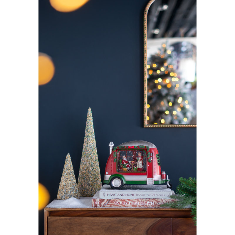Camper With Mr & Mrs Santa Tea Time LED/Water Spinning/2 Way Switch - 11.3" X 4.4" X 8"H - Red/White/Green
