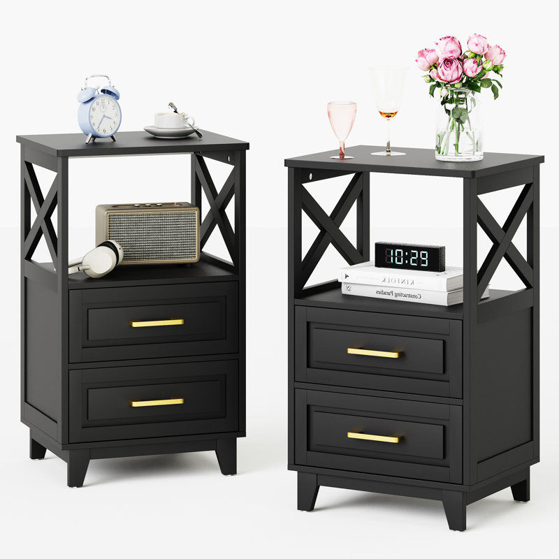 Marnae 2-Drawer Wood Nightstand, Set of 2, Black