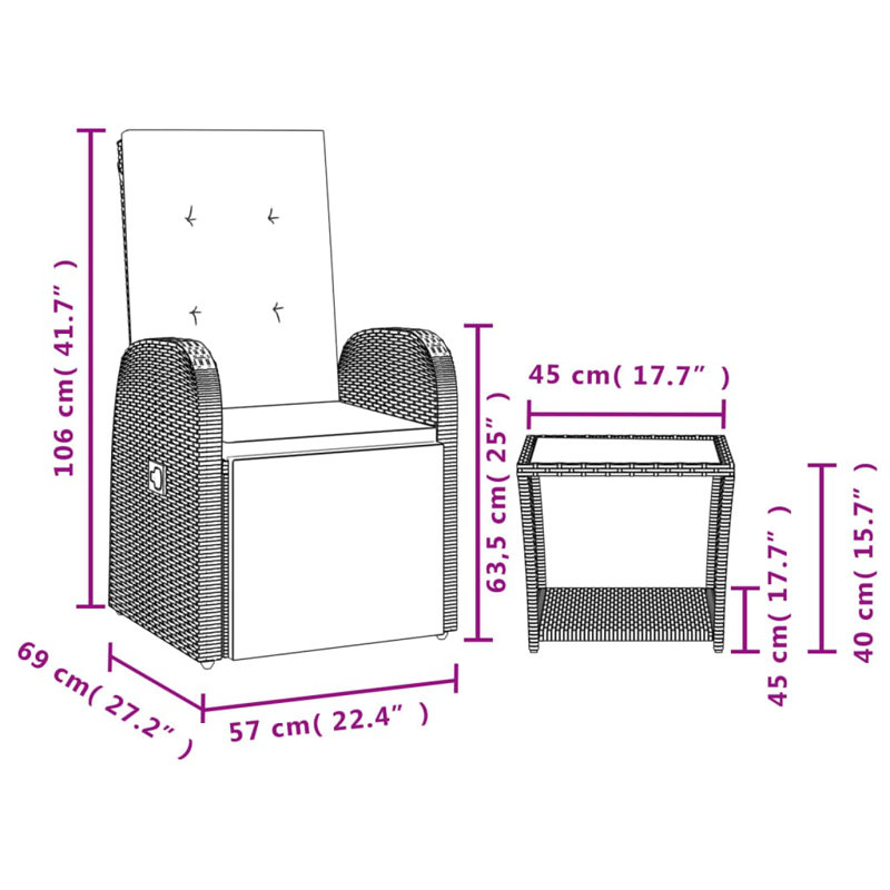Square 2 - Person 45cm Long Dining Set with Cushions