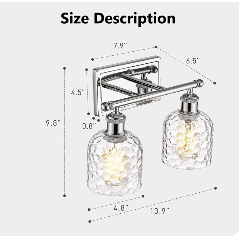 Chrome 2-Light Bathroom Vanity Fixture with Clear Hammered Glass Shades
