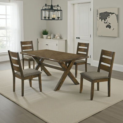 Siny Dining Table Set, Nutmeg Brown Finish, 4 Padded Side Chairs