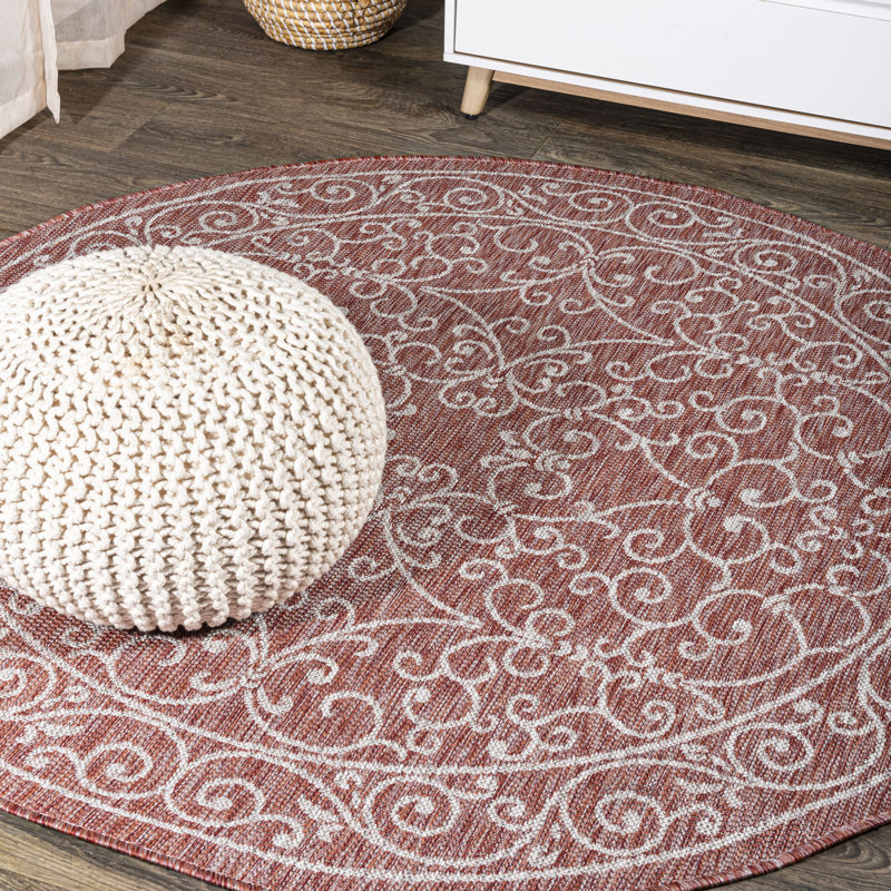 Hagerman Vintage Filigree Textured Weave Red/Beige Indoor/Outdoor Rug, Round 5'3"