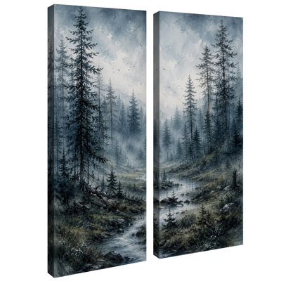 Forêt de pins bleus mélancoliques avec ruisseau de montagne - Décoration murale encadrée (lot de 2) - 81 x 30 x 5 cm