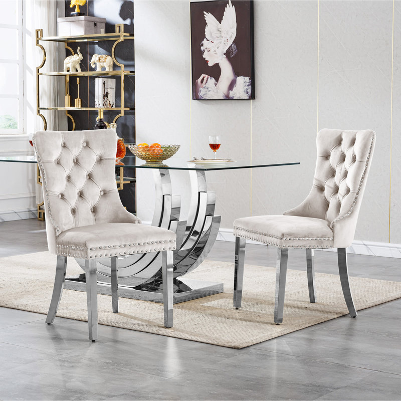 Modern Glass Dining Table Set, Clear Glass Dining Table with Stainless Steel Pedestal & Dining Chairs, 70" Rectangle Dining Room Table and Chairs Set, Luxury Kitchen Table Set