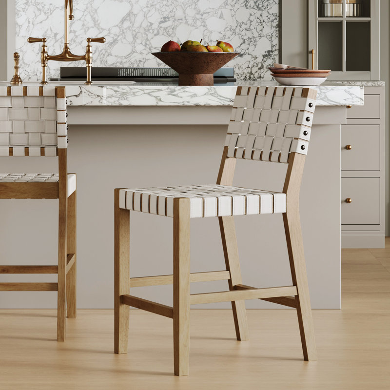 Woven Faux Leather Bar Stool With Back And Solid Wood Legs, 1