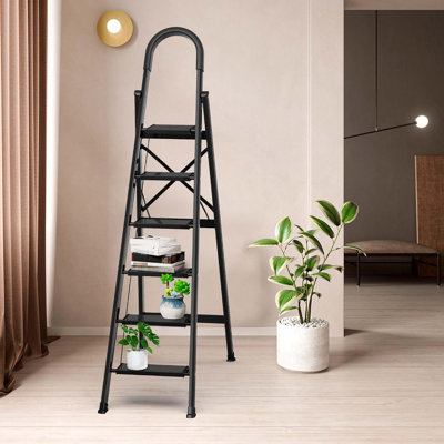 Escabeau pliant en aluminium léger avec pédale large antidérapante - Tabouret robuste à 6 marches pour la maison, la cuisine et le bureau - Conception peu encombrante