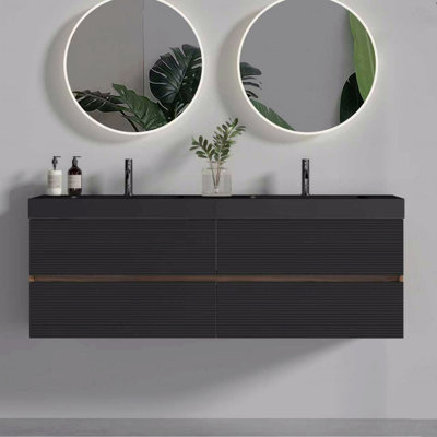 Basin Bathroom Vanity With One-Piece Integrated Basin, Wall-Mounted Floating For Modern Bathroom, Matt Black Engineered Quartz Sink And Soft-Close Black Drawers