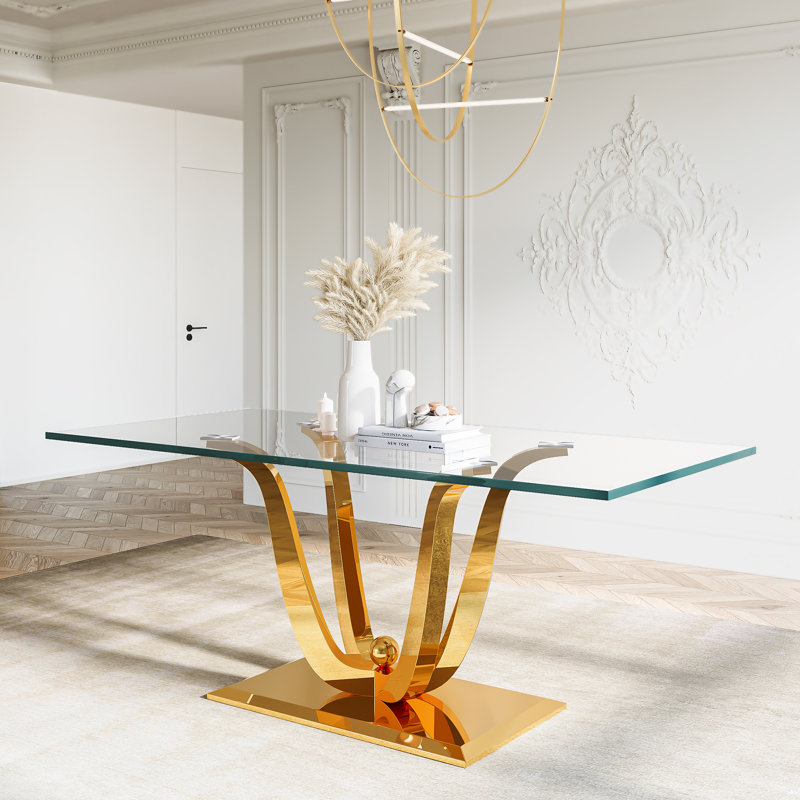 Tempered Glass Top  Dining Table, Gold