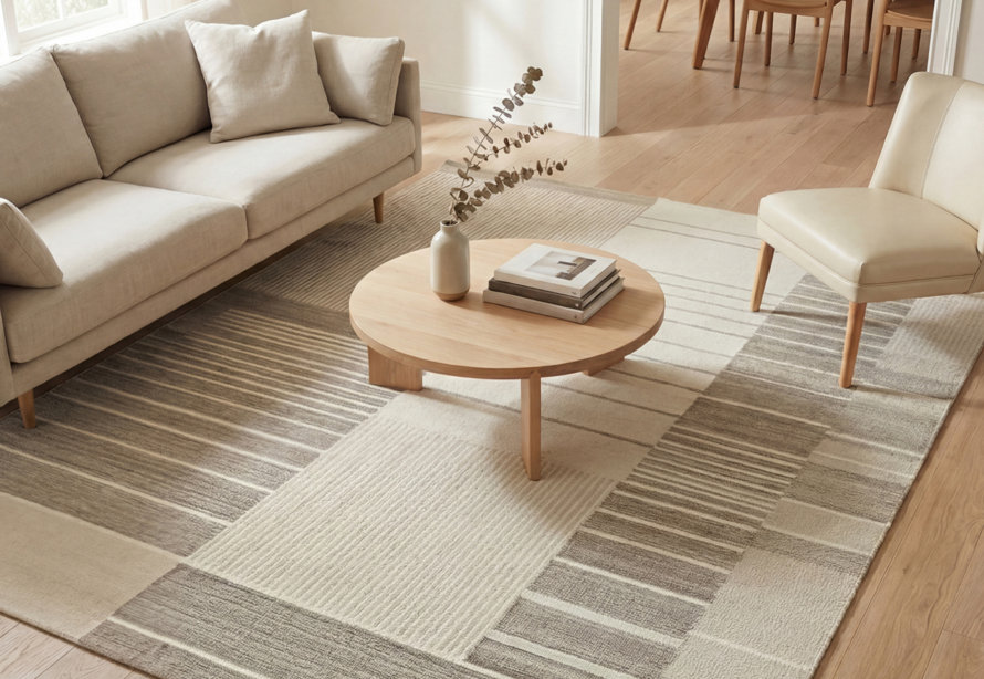Living room with a beige sofa, a beige chair, and a round coffee table on a patterned rug.