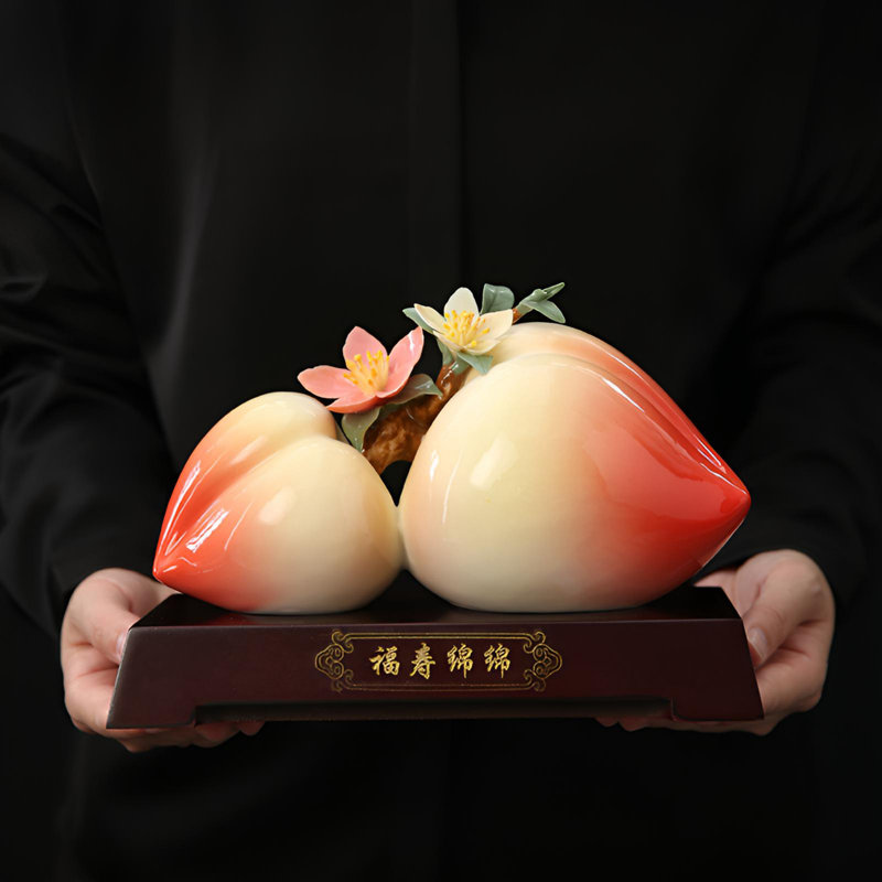 Artistic Longevity Peach Ornament – Delicate Ceramic Sculpture With 3D Bloom Carving