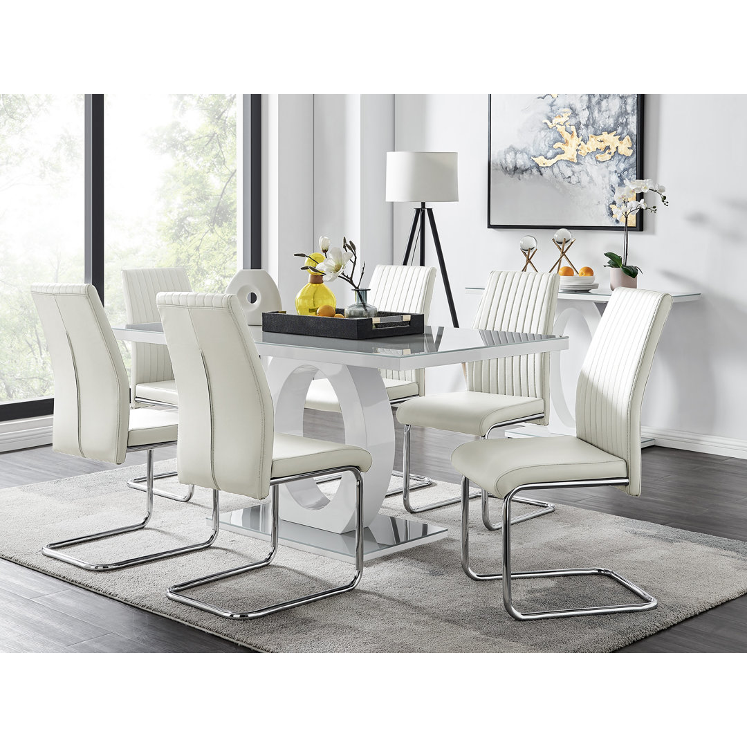 Scottsmoor Modern High Gloss Halo 6 Seater Dining Table Set with Luxury Faux Leather Dining Chairs East Urban Home Chair 