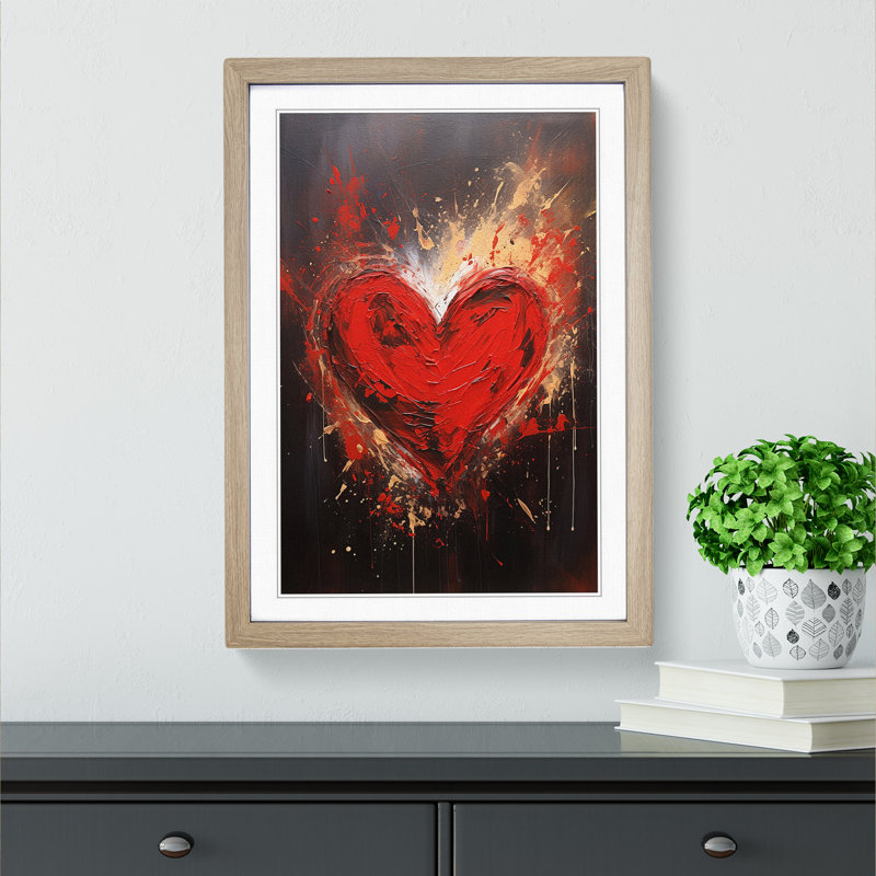 Love Heart Gestural No.3 - Single Picture Frame Print on Wood, Oak Framed, 46cm H x 34cm W x 2cm D