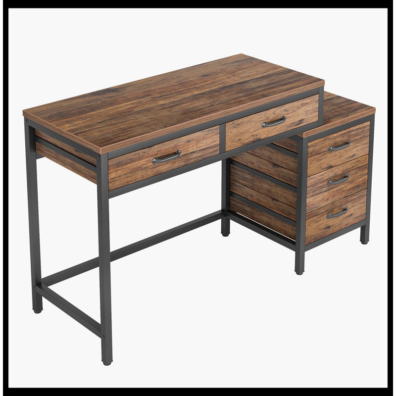 Bureau d'ordinateur à 5 tiroirs, bureau d'écriture avec commode réversible, Brun rustique, Noir