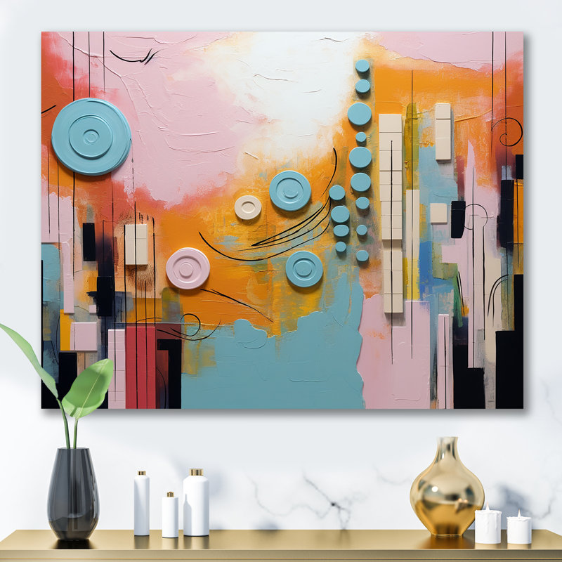 «Colorful Orange and Blue Play Forms III», art mural géométrique, Toile tendue, H 34 po x l 44 po x P 1,5 po