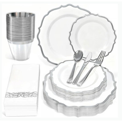 Ensemble de vaisselle jetable 175 en plastique pour 25 invités lors d'un anniversaire de mariage, argent