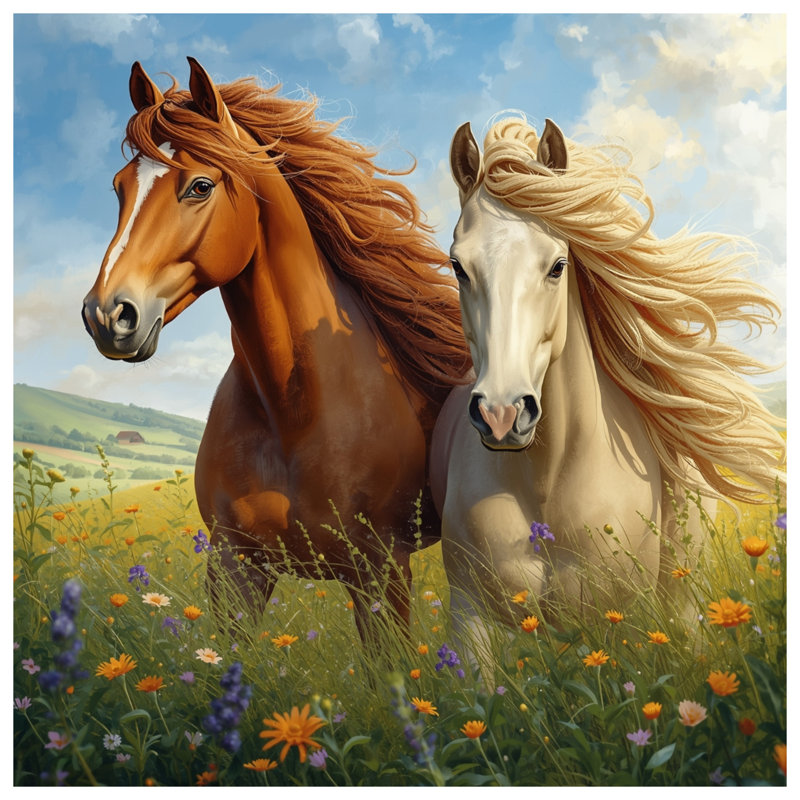 «Two Horses In Meadow», toile tendue en plusieurs tailles, 24 po x 36 po