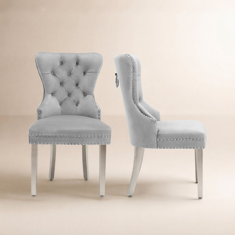 Velvet Upholstered Dining Chairs with Stainless Steel Legs, Light Gray