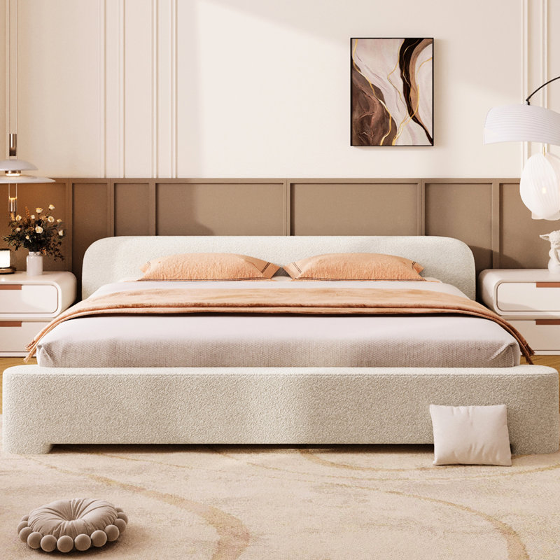Lit très grand rembourré White Boucle, conception simple avec confort, structure en bois, facile à entretenir avec 10 lattes douillettes, expérience de sommeil confortable