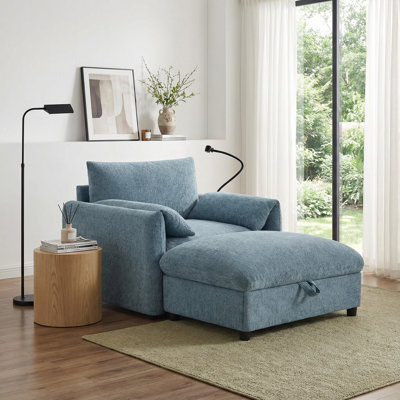 37" Modern Chenille Single Sofa Couch with Storage Ottoman, Dual-Port Charger & Adjustable Phone Holder