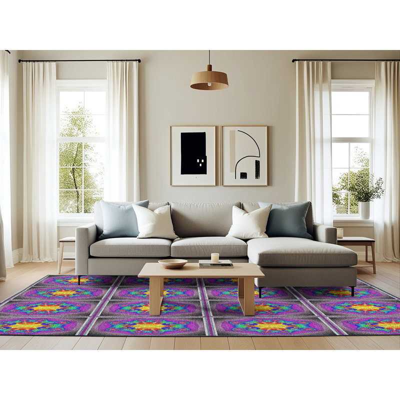 Géométriques violet/jaune Tapis décoratif, Rectangle 6 pi x 9 pi