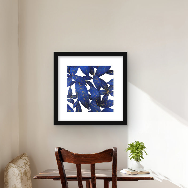 «Abstract Modern Blue Leaves - Exotic Floral», reproduction encadrée, Noir, H 16 po x l 16 po