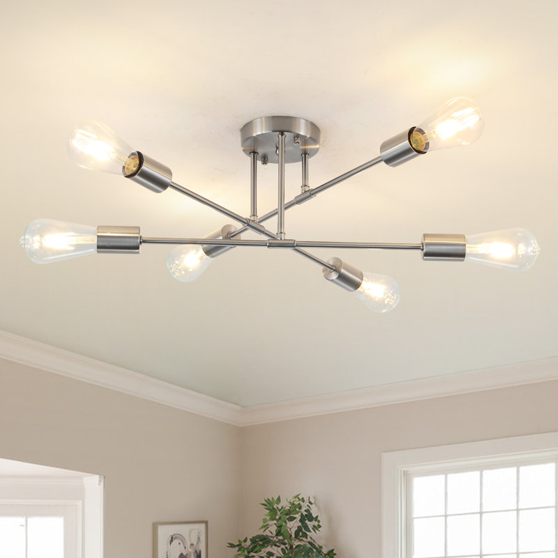 Dorae 6 - Light Dimmable Sputnik Modern Linear Chandelier Semi Flush Mount Ceiling Light, Nickel