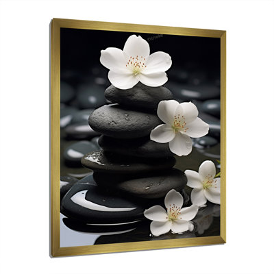 Zen Serenity White Flowers Black Stone Cairn
