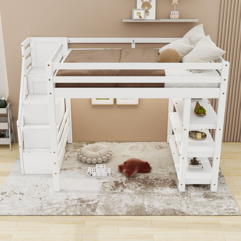 Loft Bed With Shelves, Storage Staircase, Wardrobe And LED Light, Full
