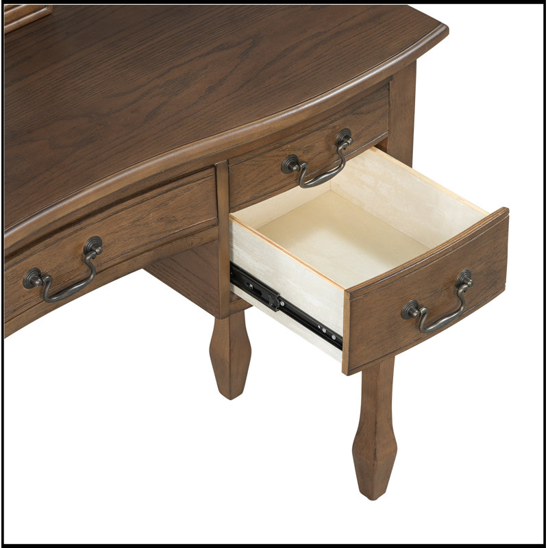 Coiffeuse de maquillage avec miroir à cadre floral courbé, 5 tiroirs et tabouret en cuir