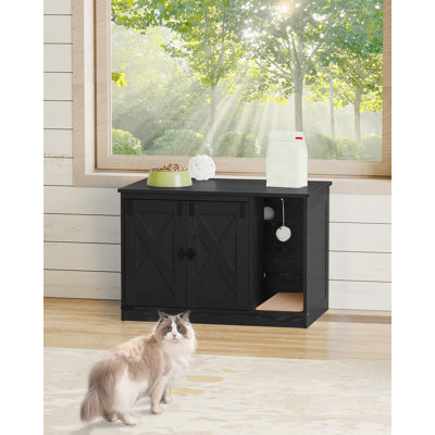 Cat Litter Box Enclosure, Hidden Litter Box Cabinet Furniture with Bell, Indoor Cat House, Farmhouse Style, 31.5 x 19.7 x 20.9Inches, for Hallway, Bedroom, Black