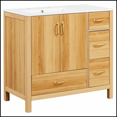 Meuble-lavabo de 36 po en bois massif avec portes à fermeture douce, tiroirs et tablette réglable pour un rangement moderne