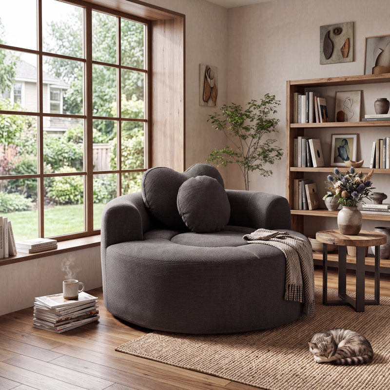 Fauteuil surdimensionné avec méridienne ronde en tissu gaufré et grand fauteuil circulaire sans assemblage requis, Gris