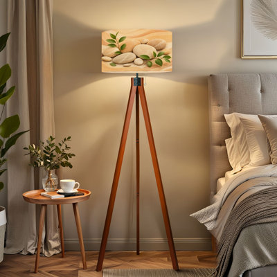  Lampe sur pied à trépied avec composition en pierre naturelle minimaliste et feuilles vertes ondulées, ton de terre à DEL à intensité variable avec pieds en bois de hêtre et abat-jour en lin amovible pour salon et chambre à coucher