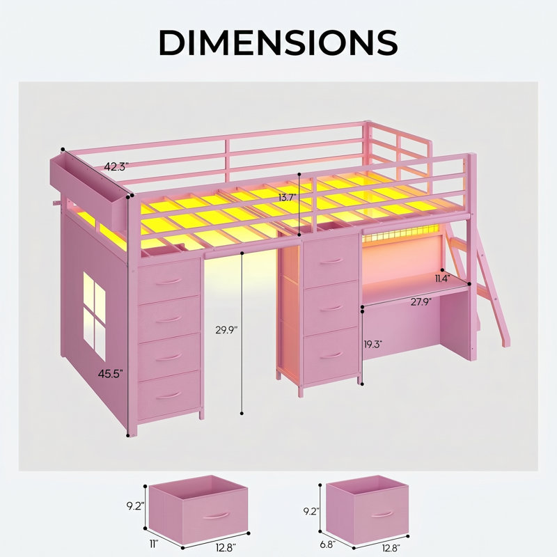 Lit mezzanine pour enfants avec bureau, 7 tiroirs, lumières DEL, organisateur de chevet et espace de jeu, Pink