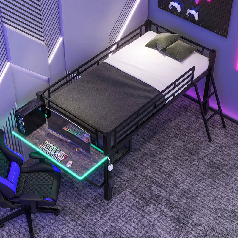 Lit mezzanine avec bureau Gaming, DEL, Lit simple