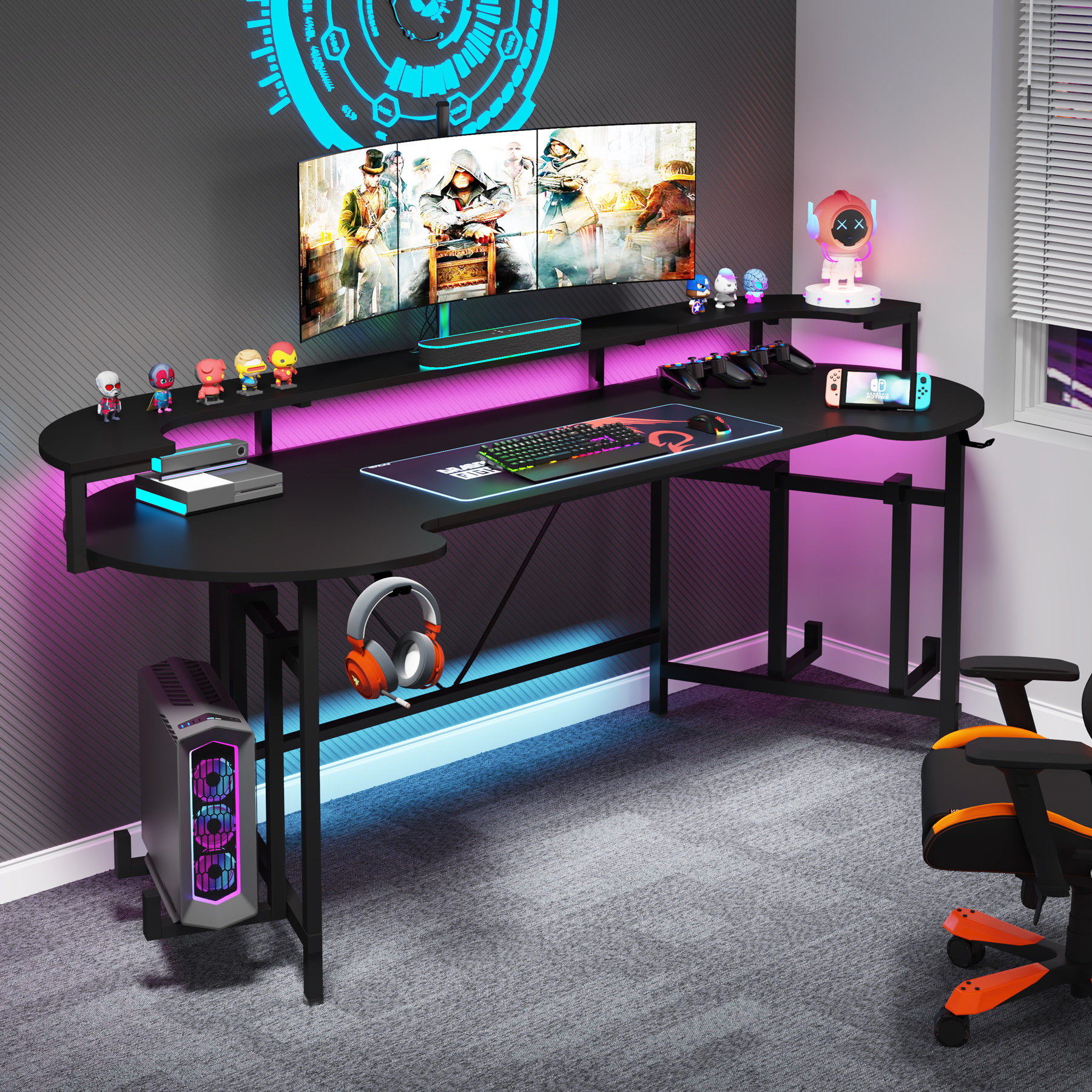 Inbox Zero Kussai Height Adjustable Curved Gaming Desk & Reviews | Wayfair