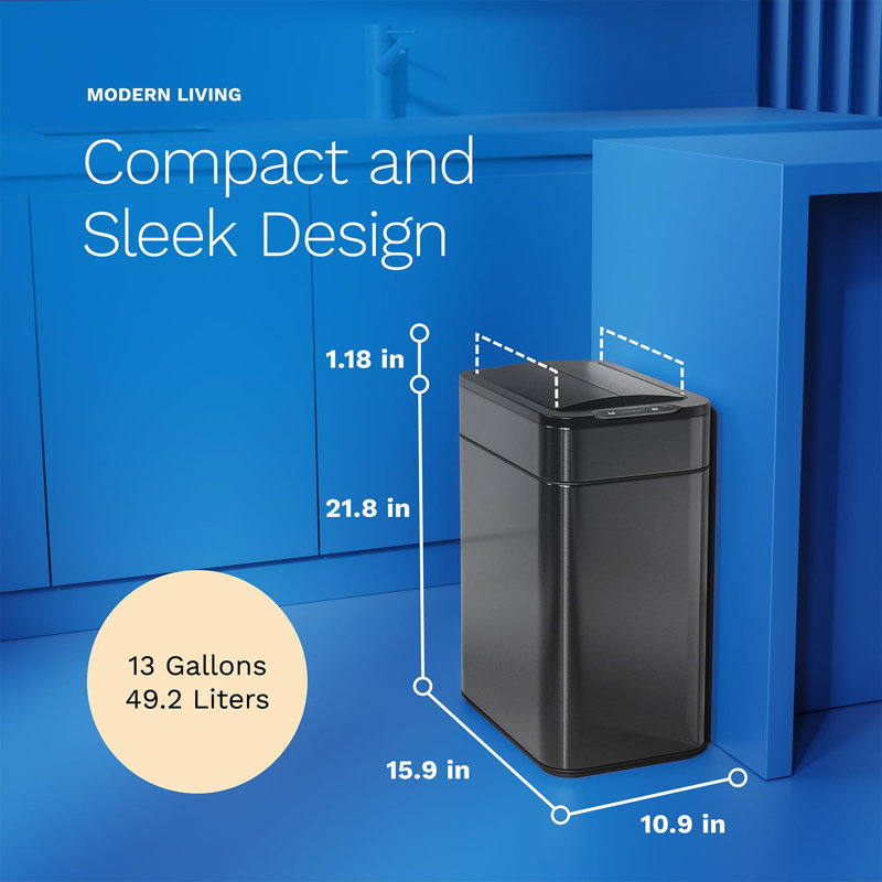 hOmeLabs Robust 13 Gallon Kitchen Trash Can, Retractable Sensor Butterfly Lid, Maximizing Space, Easy to Clean, Battery-Powered with Batteries Included - Dark Stainless Steel