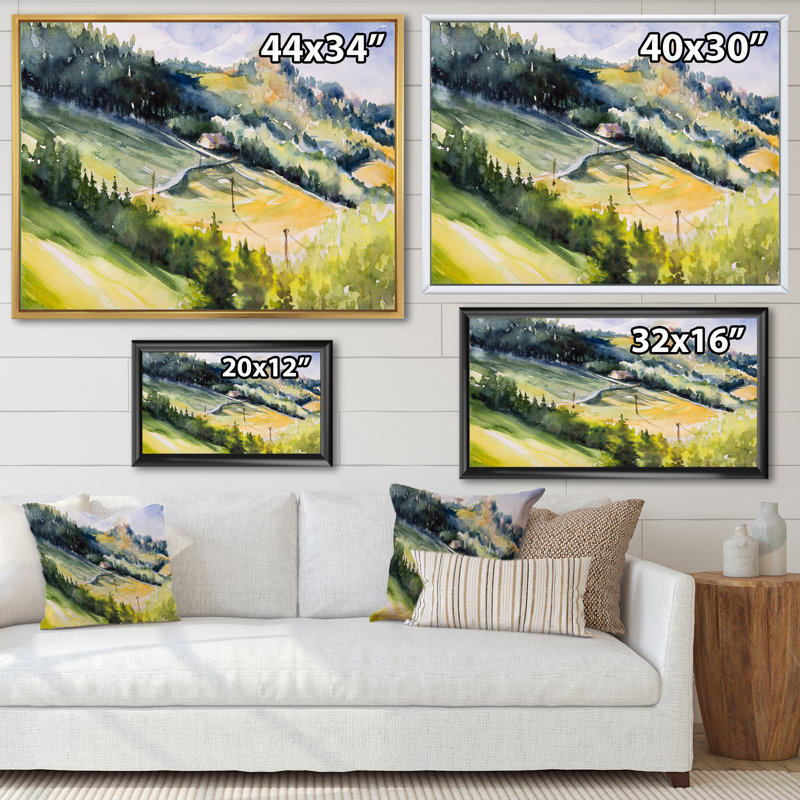 Maison de campagne sur une colline - peinture sur toile, H 12 po x l 20 po x P 1 po, Cadre flottant blanc