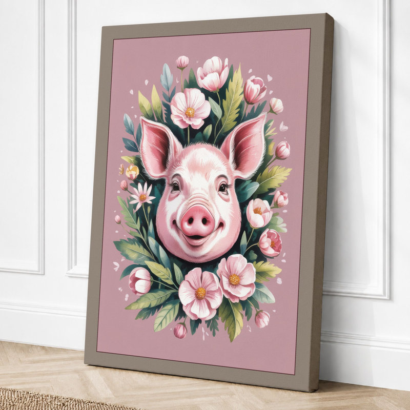 Floral Pig Portrait Boho 1 Piece Wrapped Canvas Wall Art, 24x16 - 61.0 x 40.6 cm, Taupe Border