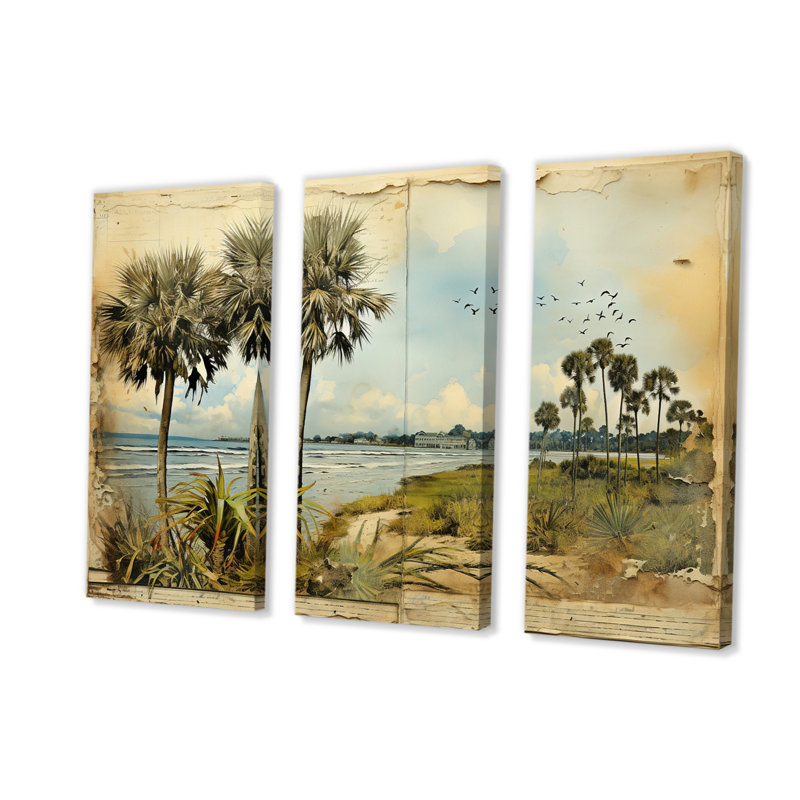 Bord de mer, art mural sur toile, décor de collage rétro de la Floride - collage de palmiers de la Floride rétro et plage IV