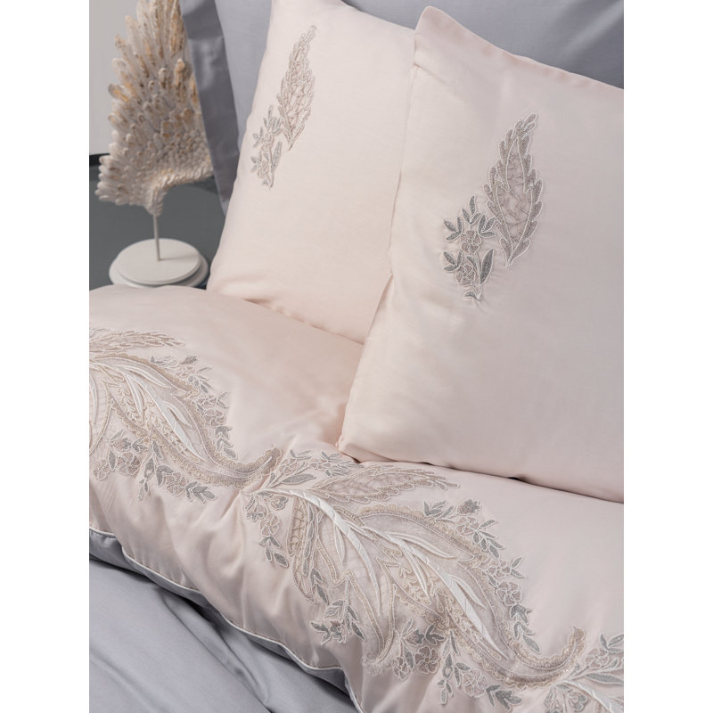 Luxurious Satin Double Quilt Cover Set, 100% Cotton, Grey & Powder Colors | Includes Duvet Cover (78.7 x 86.6 in), Flat Sheet (94.5 x 102.4 in), 4 Pillowcases (19.7 x 27.6 in) | Machine Washable, Button Closure, Soft & Elegant Design