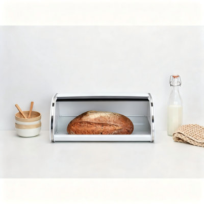 Large Metal Roll Top Bread Box With Flat Top Storage And Magnet Closing Lid, Fits 2 Loaves (White)