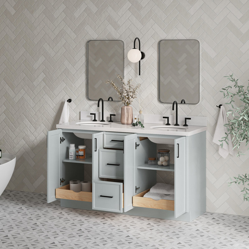 Meuble-lavabo ovale double 61 po avec comptoir en quartz pur Ariel Kellie, Gris